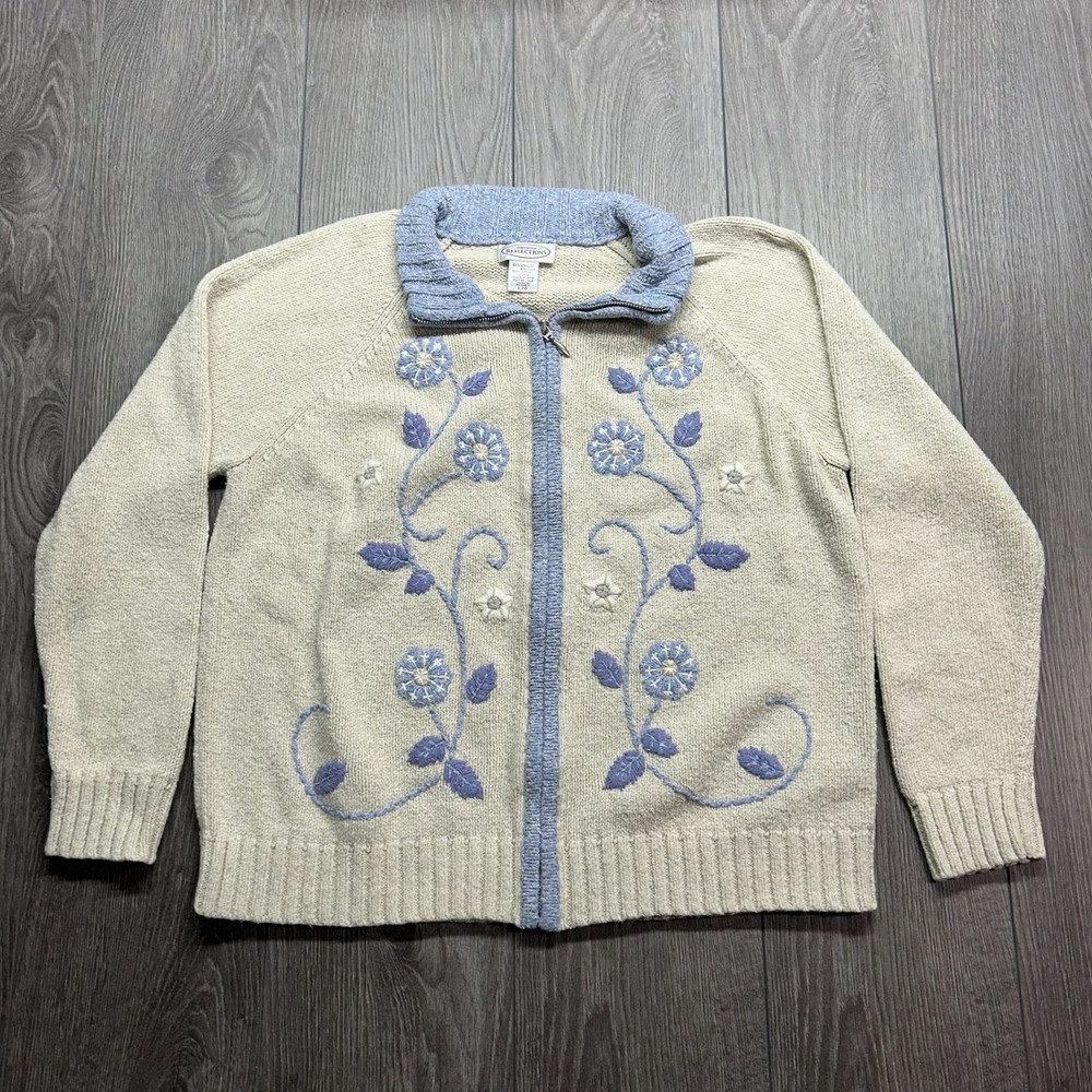 Northern Reflections Vintage Floral Embroidered Zip Up Cardigan Sweater Cream L